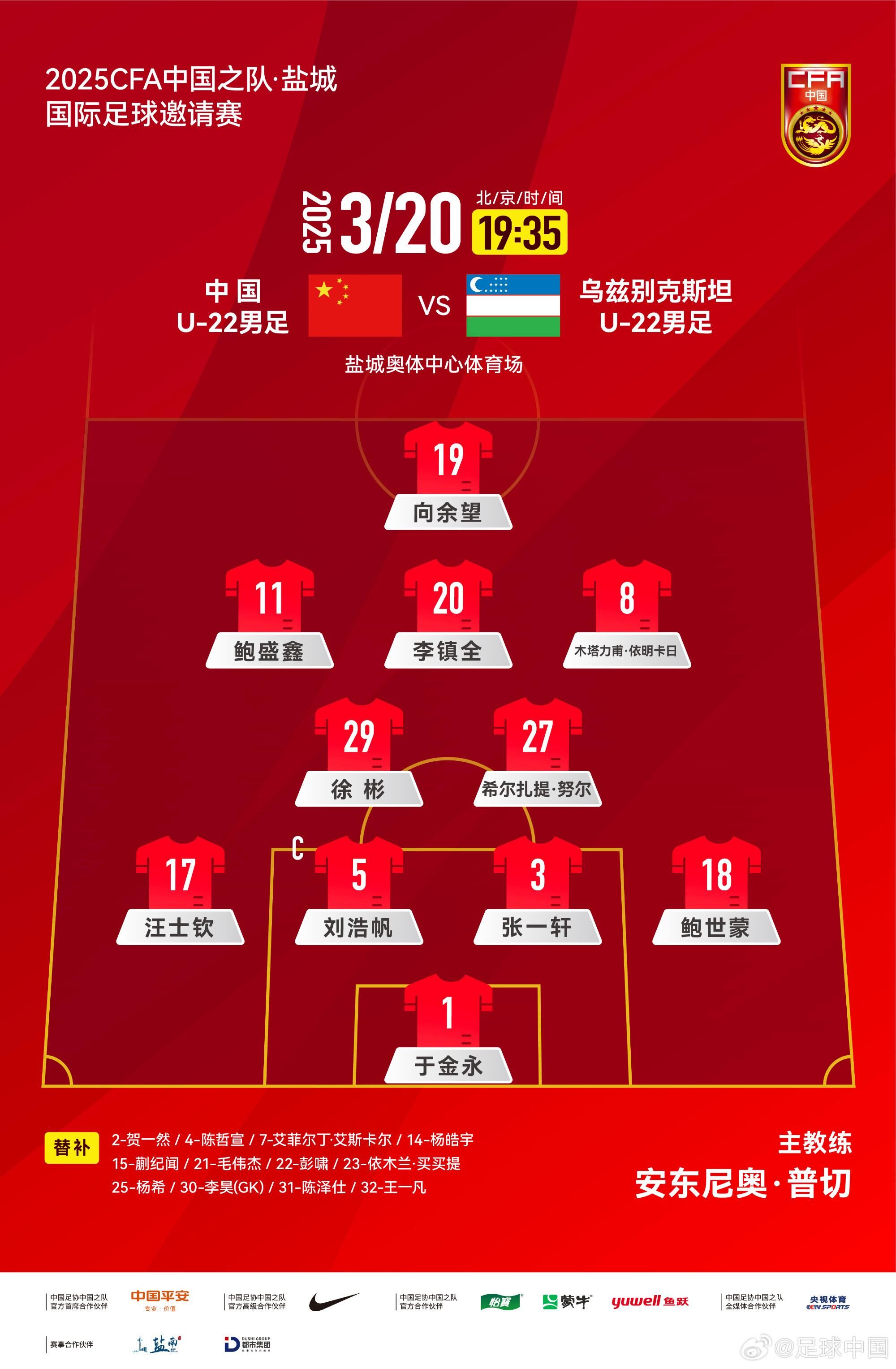 中國U-22男足VS烏茲別克斯坦U-22男足，中國隊(duì)首發(fā)名單出爐