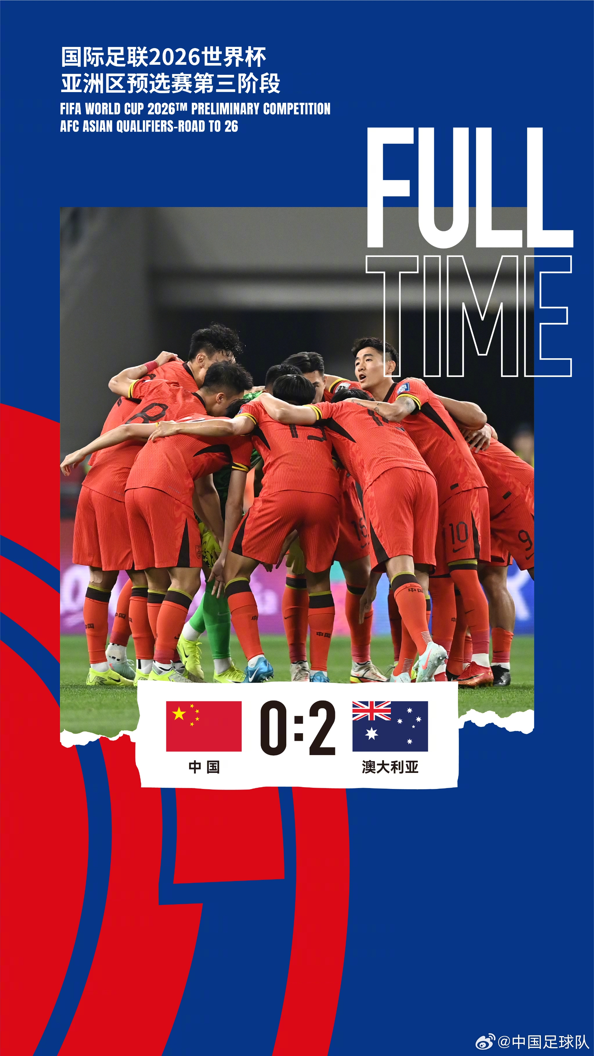 美加墨世界杯亞洲區(qū)預(yù)選賽第三階段第八輪，中國隊(duì)0-2澳大利亞隊(duì)